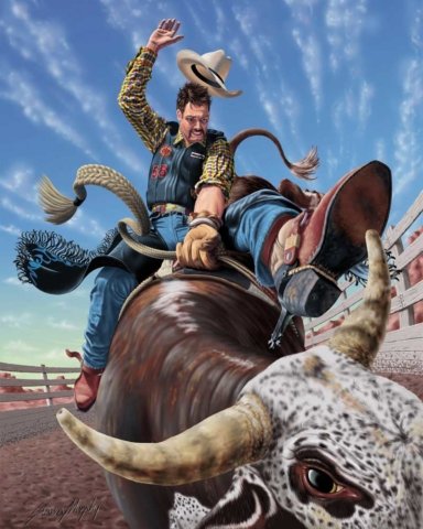 illustration of a bull rider with extreme perspective