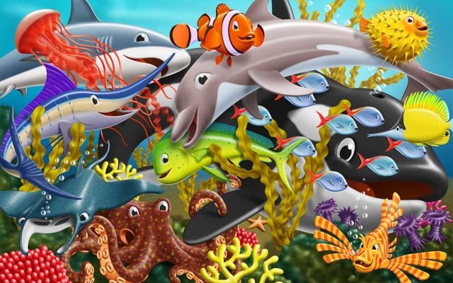 Happy sea creatures gathered together