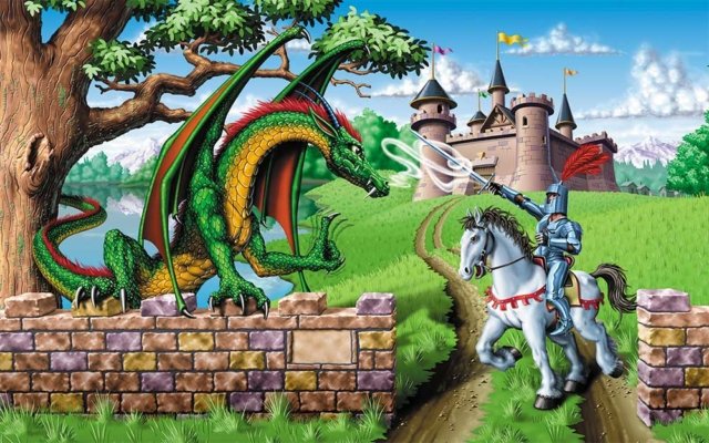 Knight confronts dragon in front of castle