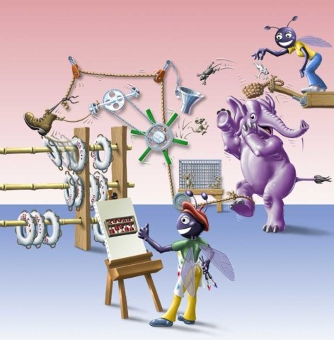 Cartoon characters operating a Rube Goldberg contraption