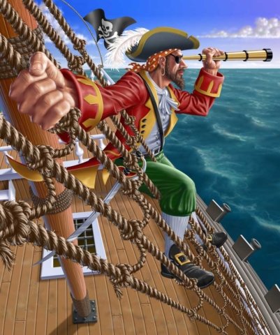 A pirate in the rigging of his ship looking through a spyglass