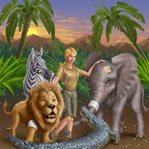 A female veterinarian standing in a jungle surrounded by animals